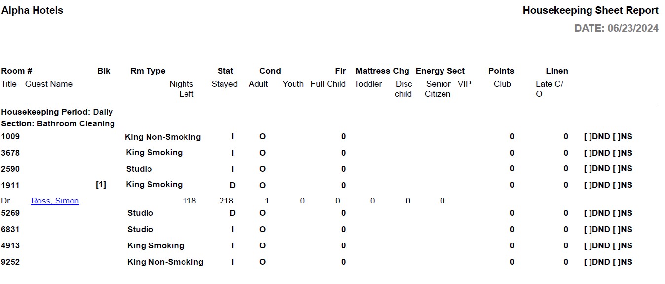 Housekeeping Sheet